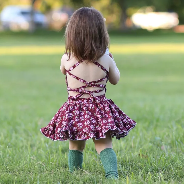 2018 estilo europeu novo bebê menina verão vestidos de crianças sem encosto quebrado flor suspender vestido de algodão frete grátis