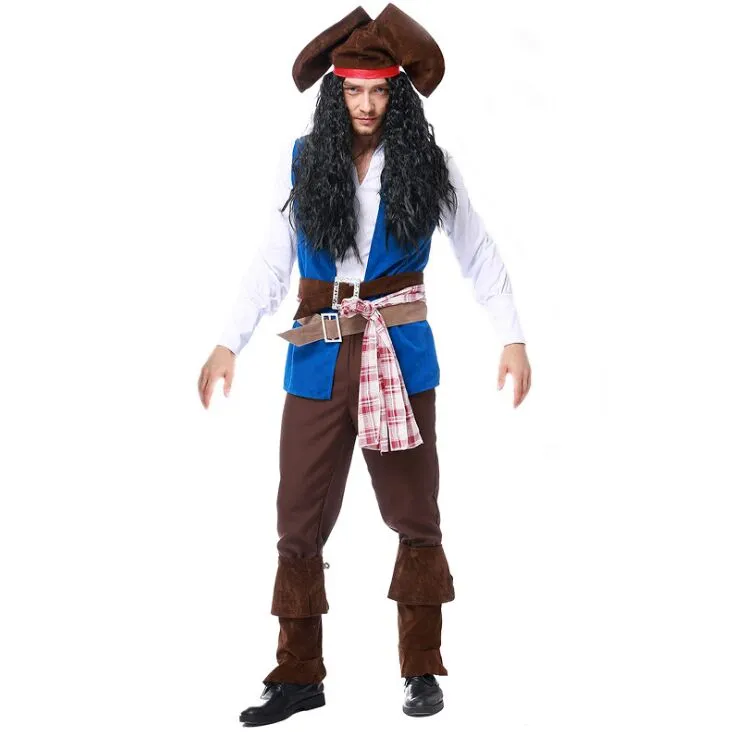 Costume da pirata cosplay Costume da pirata blu da uomo Costume da capitano pirata Costume da gioco uomo di Halloween 2017 prodotti più venduti