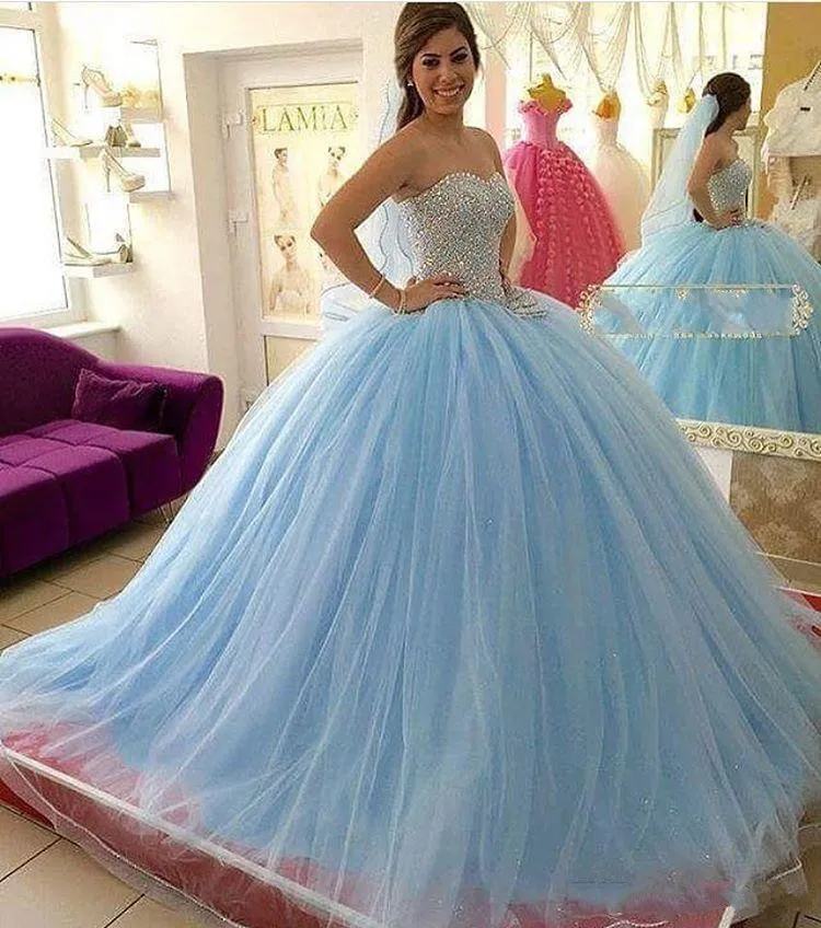 Sparkle Light Sky Blue Crystal Quinceanera Dresses Beaded Sweetheart ...