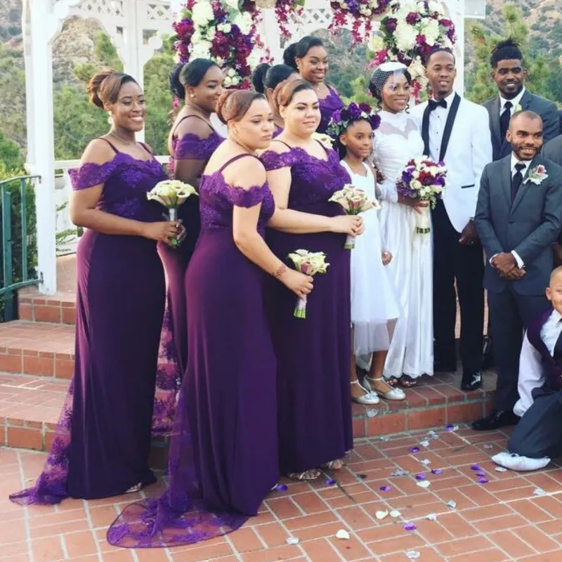 Off-Shoulder Purple Mermaid Purple junior bridesmaid dresses with Lace Detailing and Sweep Train - Perfect for Country Weddings and Plus Size Maid of