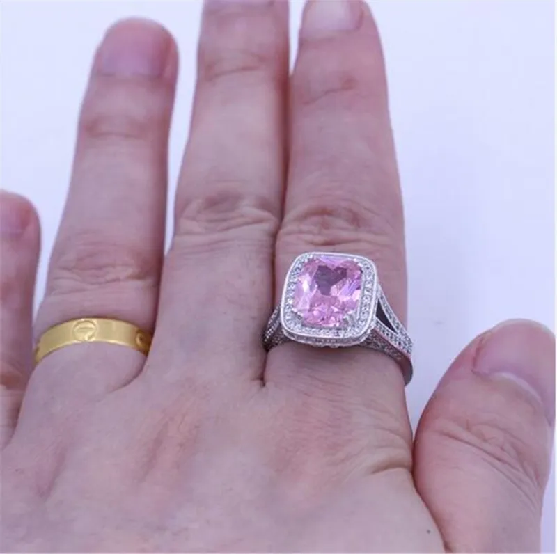 Vecalon New Women Ring Cushion Cut 10ct Pink 5a zircon CZ 14ktホワイトゴールド充填生まれた誕生石の結婚指輪リング