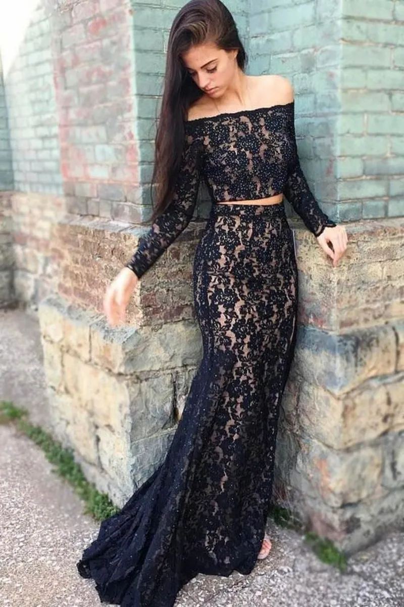 Long sleeve two on sale piece prom dress