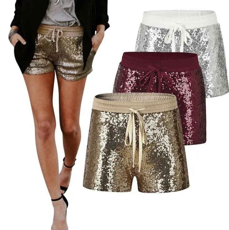 Sparkle Sequin Shorts 3 Colors Summer Drawstring Elastic Waist Party Girls Shorts High Waist Fitness Girls Shorts OOA5655