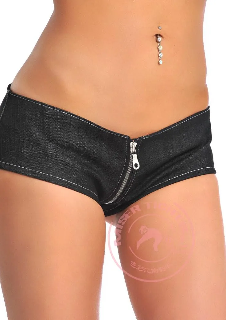 Sexy Zipper Open U Crotch Shorts Micro MINI Jeans Hot Shorts Low Rise Waist Booty Short exotic Culb Pole Dancing Wear FX1044