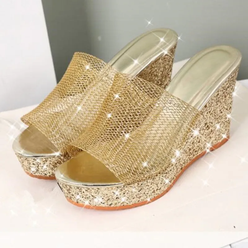 Mest populära Sommar Kvinnor Sandaler Fashion Tofflor 2018 Nya Summer Sequins Mesh Wedges Platform Skor Högklackat Skor Sandaler Kvinnor Tofflor