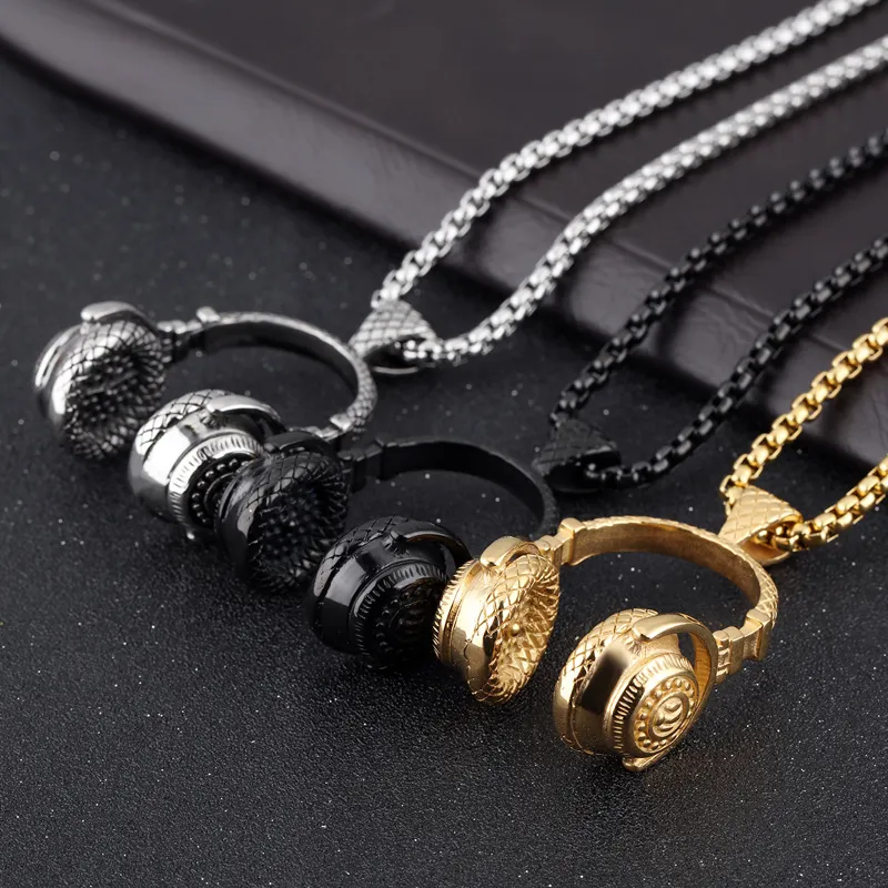 Stainless Steel Hip Hop Jewelry Vintage Men Rock Punk Rapper Disc Headset Microphone Pendants Chains Necklace Nightclub Singer DJ Accessorie