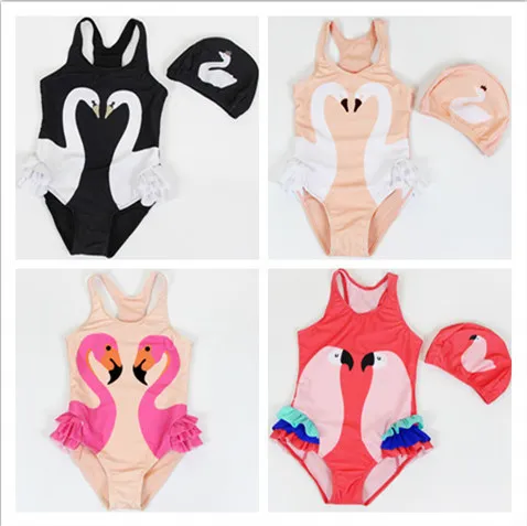 Toddler Kids Swimwear 2018 Baby Girls Flamingos Swimsuit Girls Children Summer Swimwear Bathing Jumpsuit+Swiming Cap 2Pcs Costume Beachwear