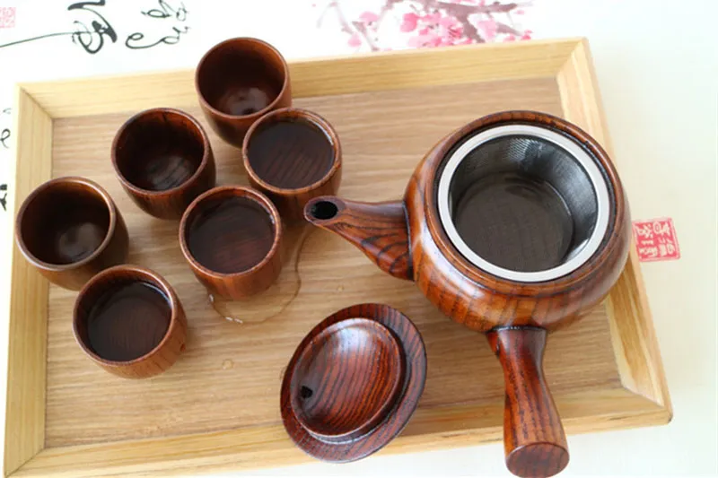 خشب الشاي الخشبي على الطراز الياباني وعاء الشاي خمر الكونغ فو مجموعة طويلة مقبض الشاي مع أداة الشاي مصفاة QW7178