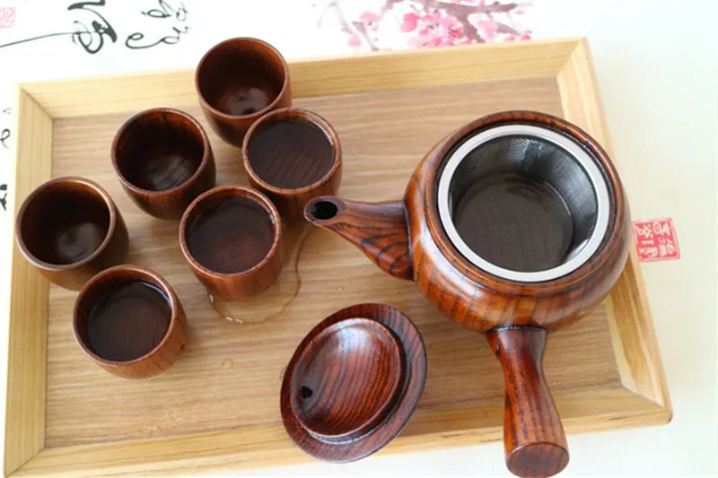 Wooden Teapot Japanese Style Tea Pot Vintage Kung Fu Set Long Handle Teapots With Strainer Tea Tool QW7178