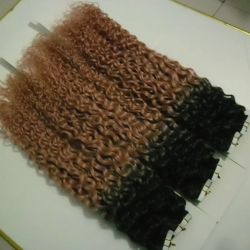 Ombre tejp i mänskliga hårförlängningar Brasilianska Kinky Curly Hair 120pcs / Pack Förlängningar Cabello Natural Adhesivas 300g # 1b / 27