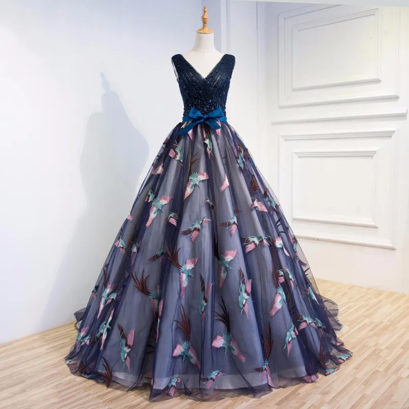 Dhgate Luxury Women Appliques Prom Dresses Birds Navy Blue Ball Gowns Vestido de Noiva High End Women Formal Afton Dress