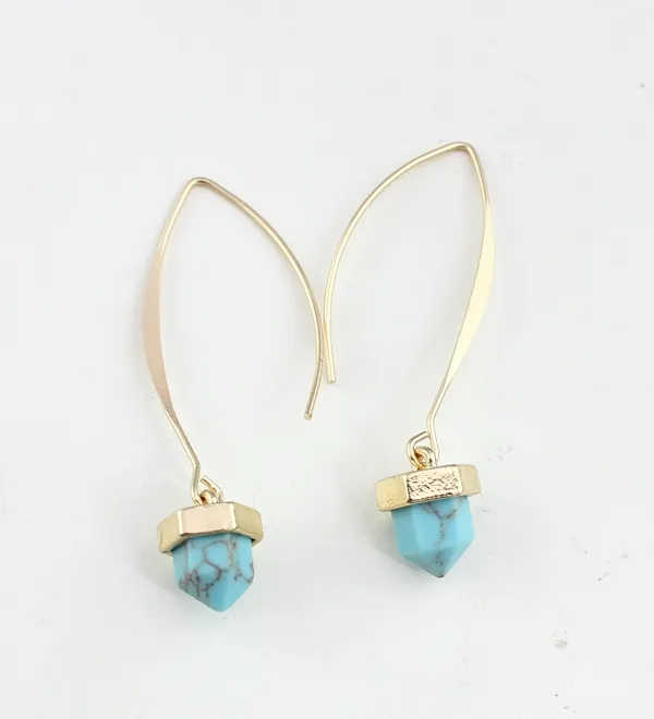Mode guld färg sexkantig prisma natursten turkos charm dangle örhängen för kvinnor märke smycken