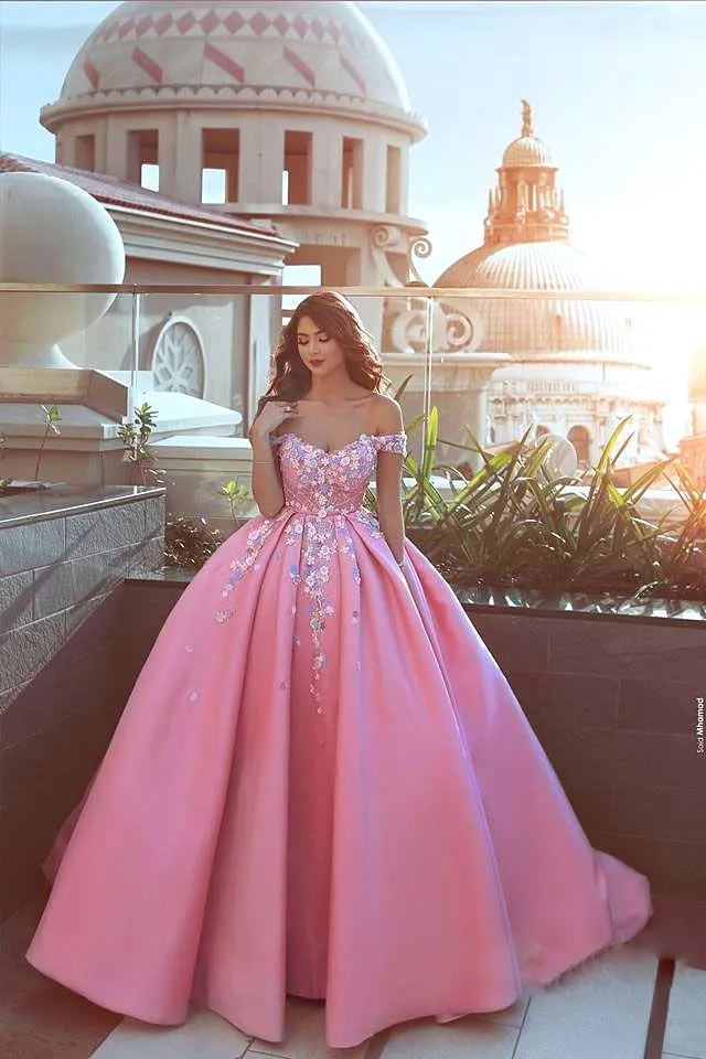 Satin Ball Gown Prom Dress Off-the-Shoulder Sleeveless Floral Applique  Lace-up Back Sweep Train Formal Evening Dress from Dhgate Prom Dresses -  price 139.82