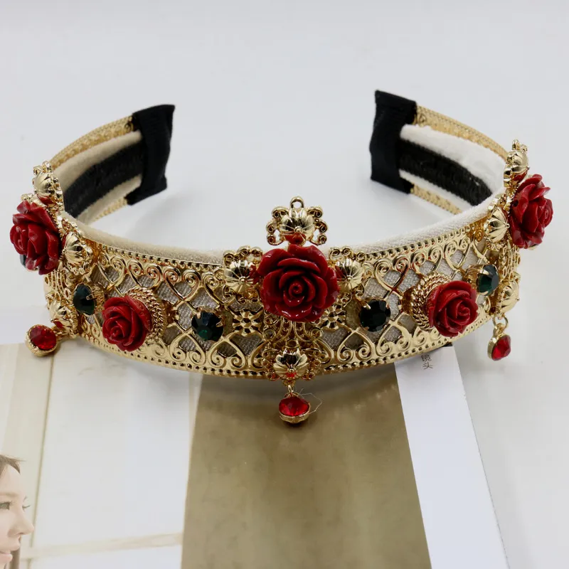 Barock pannband krona bredare än vintage metall röda korset vindblomma tiara brudtillbehör4088479