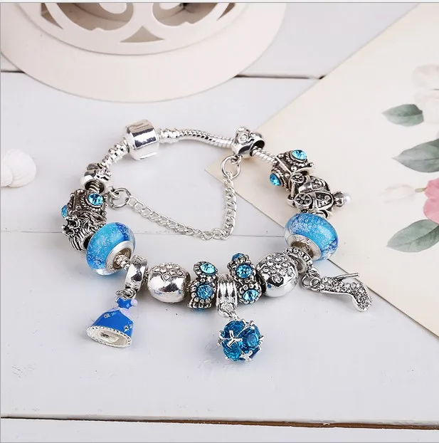 Blauer Charm-Anhänger aus 925er-Sterlingsilber, passend für europäische Pandora-Armbänder für Frauen, Cinderella-Kristall-Schuh-Charm-Perlen, Schlangenkette, Modeschmuck