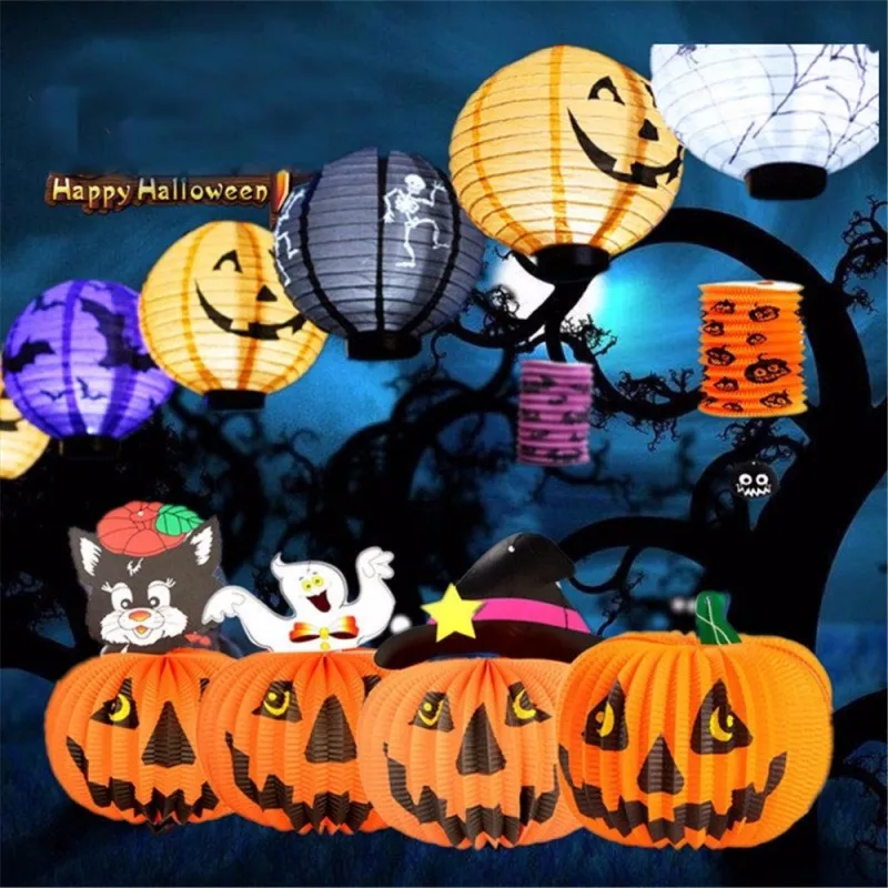 Led papier lantaarn horror licht lamp halloween partij decoratie metalen halloween pompoen spook spider hangende lantaarn