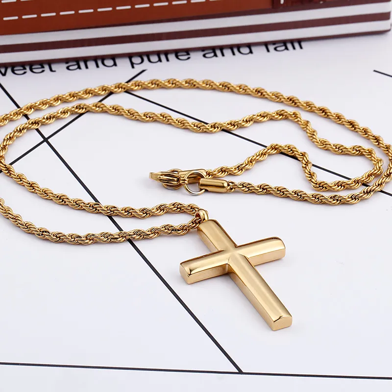 Cross Necklace For Men New Fashion High Polished Stainless Steel Gold Color Cross Pendant Necklace Male Cheap Jewelry