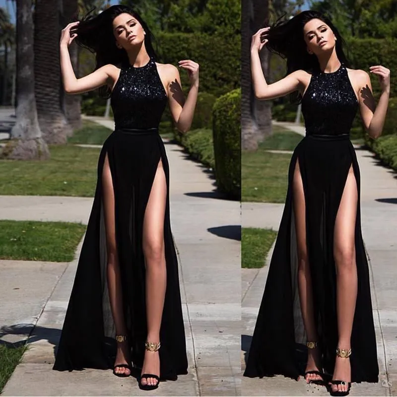 2020 Latest Sexy Long Black Prom Evening Gowns Top Sequin Sleeveless Sides High Split Chiffon Summer Holiday Formal Celebrity Party Dresses