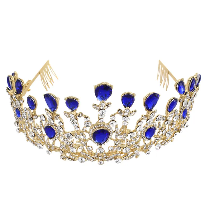 Klassisk vintage guldpläterad ruby ​​kunglig blå strass prinsessa kvinnor weddig fest hår tiaras crown68786883548841