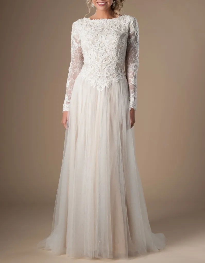 Kości Słoniowej Champagne Modest Suknie Ślubne Z Długim Rękawami Boho Lace Tulle LDS Suknie Bridal Sleeved Split A-Line Custom Suknia Ślubna