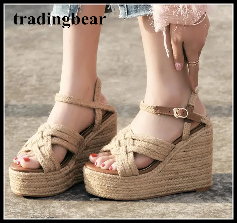 Zomer mode stro geweven platform schoenen vrouwen designer sandalen hoge hak 2018 maat 34 tot 39