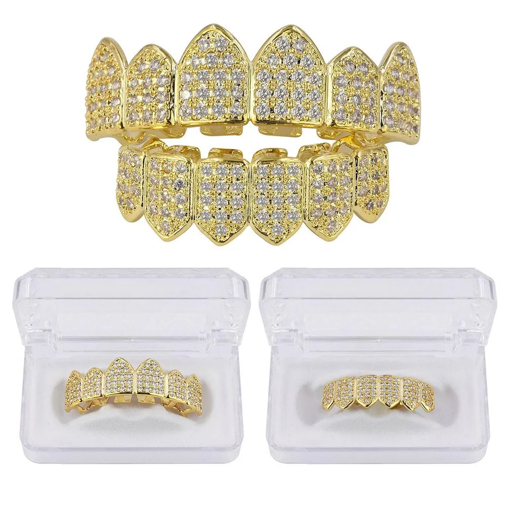 Hip Hop 18K Gold Plated Macro Pave CZ Icedout Grillz med extra gjutstänger inkluderade Whole3668534