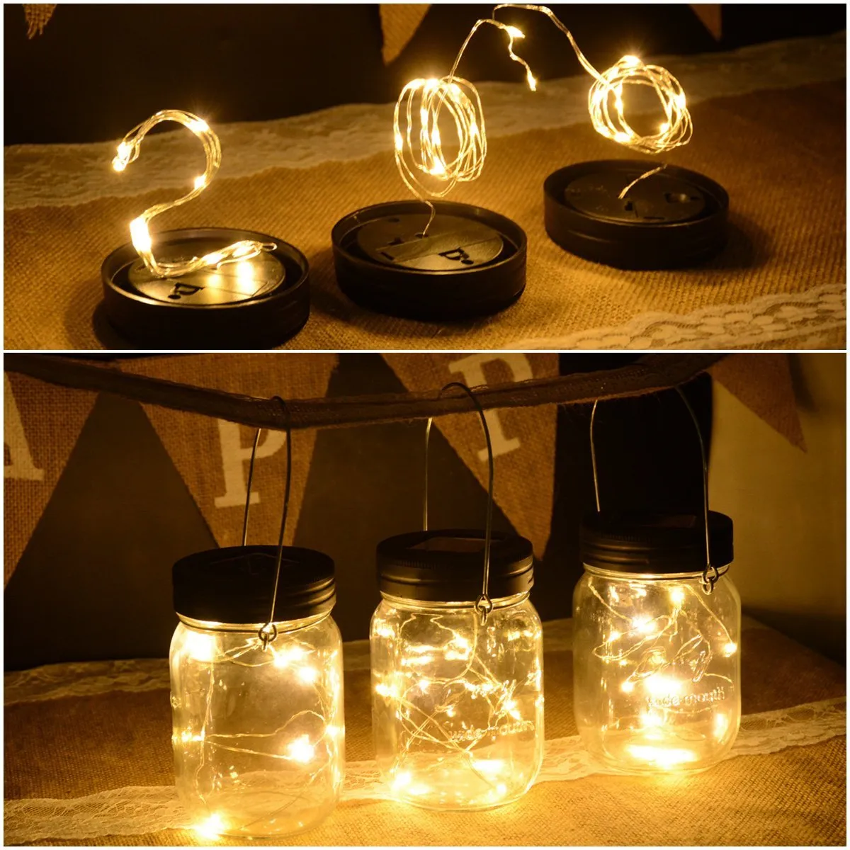 Xmas led Solar Powered Light Up Couvercle 10 LED String Fairy Star Vis sur les couvercles pour Mason Glass Jars Lights