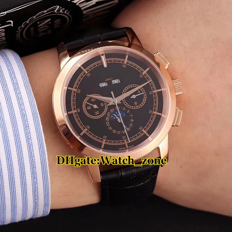 새로운 TraditeLelle Perpetual Calendar 5000t 000p Black Dial Moon Phase Automatic Mens Watch 가죽 스트랩 고품질 신사 Watch262t