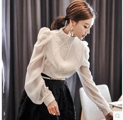 Lente Nieuwe koreaanse mode Dames opstaande kraag lange mouwen pofmouwen borduurwerk kant patchwork chiffon OL blouse shirt