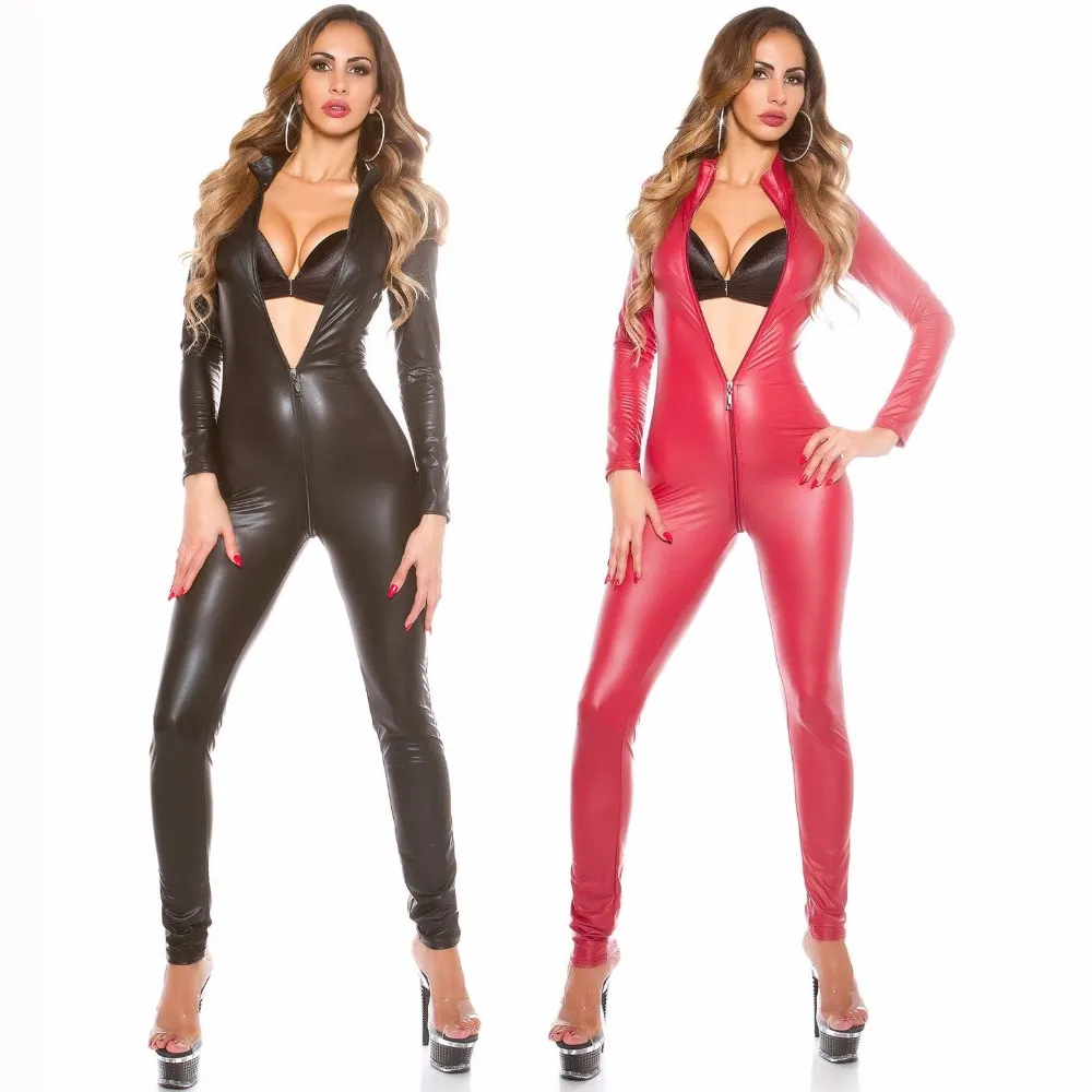 Sexy Jumpsuit For Women's Vinyl CatsuitLatex Faux Leather Bodysuit Zipper Open Crotch PVC Leotard red black