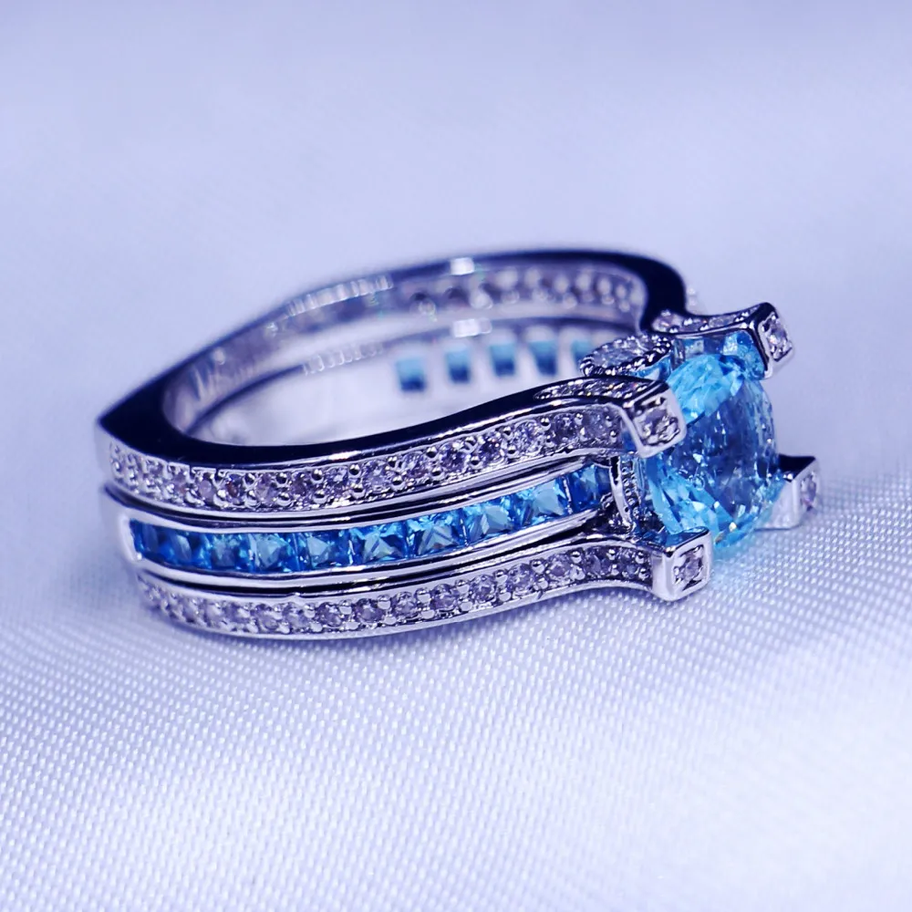Fashion Jewelry wedding band rings for women men 3ct Sky blue 5A Zircon Cz 925 Sterling silver Birthstone Female Ring set Gift