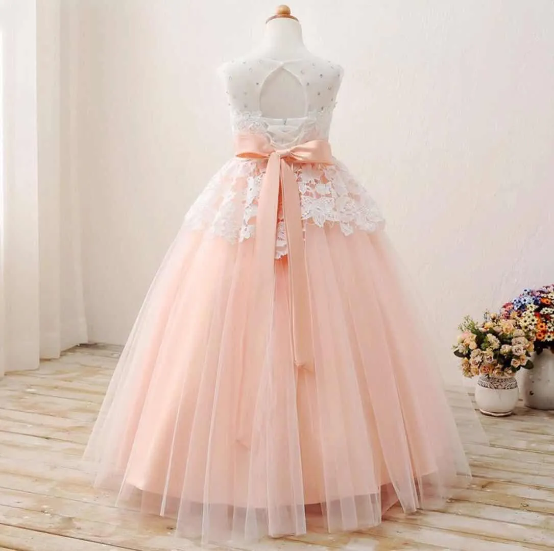 Jewel Ball Gown Tulle Peach Lace Beaded Ribbon Bow Ribbon Floor Length Wedding Flower Girl Dress