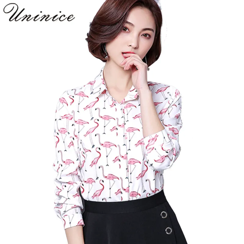 Feminino Novo Flamingo Imprimir Camisas Blusa De Mangas Compridas 2018  Primavera POLO Collar Camisa De Todos Os Jogo Tops Moda Feminina Camisa  Chiffon De $104,88