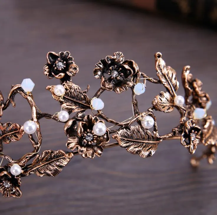 Fleur en bronze, ornements de couronne en forme de diamant, perle en alliage, magnifique couvre-chef de mariée.