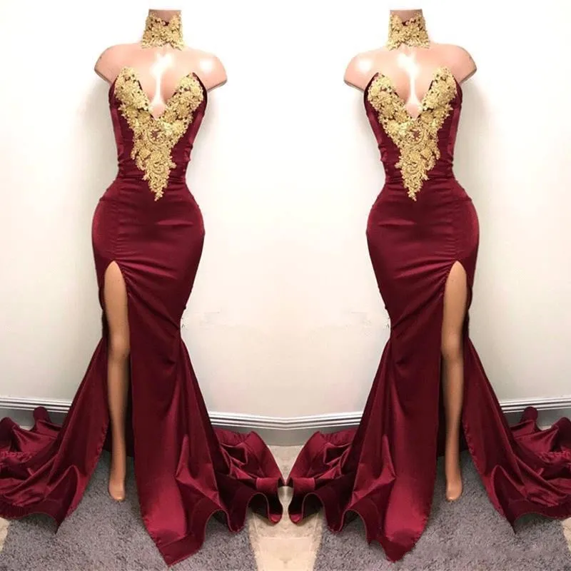 2018 Ny design Sexig Burgundy Prom Klänningar med Guld Lace Applique Mermaid Front Split Side Special Occasion Evening Party Gowns