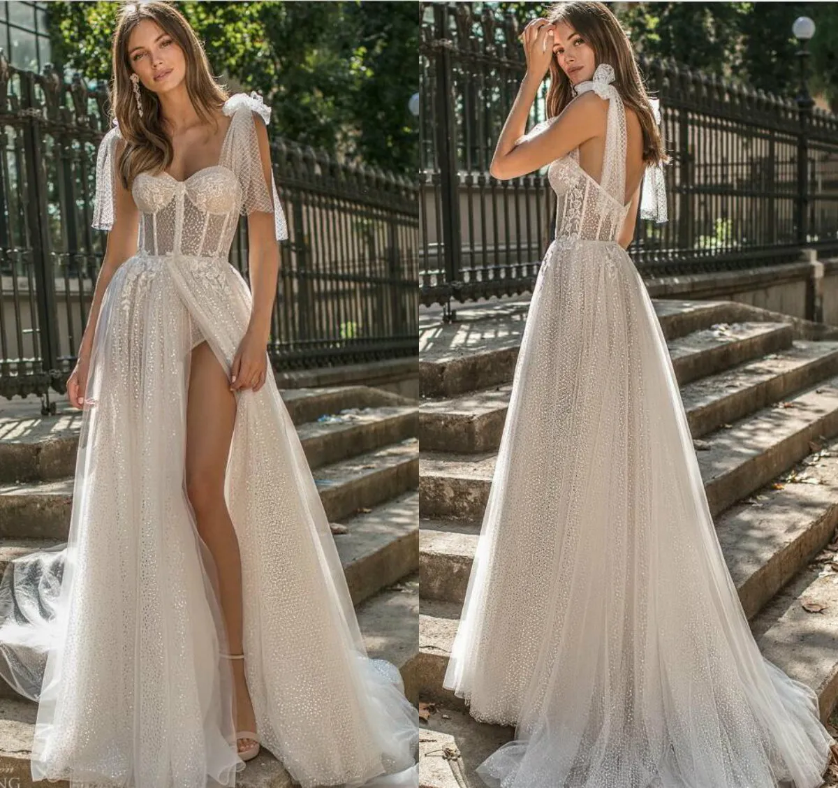 2019 Berta A-Linie Strandhochzeitskleider Spaghetti Spitze Glitzer Seitlich geteilt Sweep Zug Boho Brautkleid Plus Size Graden Brautkleider