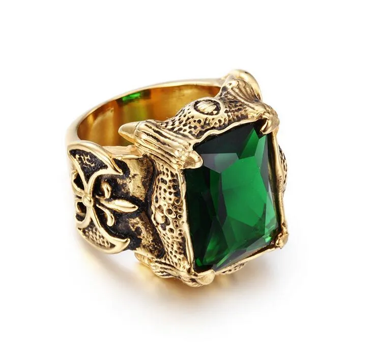 Anillo cuadrado blanco verde púrpura rojo piedra para hombre Punk Vintage oro titanio acero inoxidable garras de dragón anillo de circonio cúbico para hombres 193u