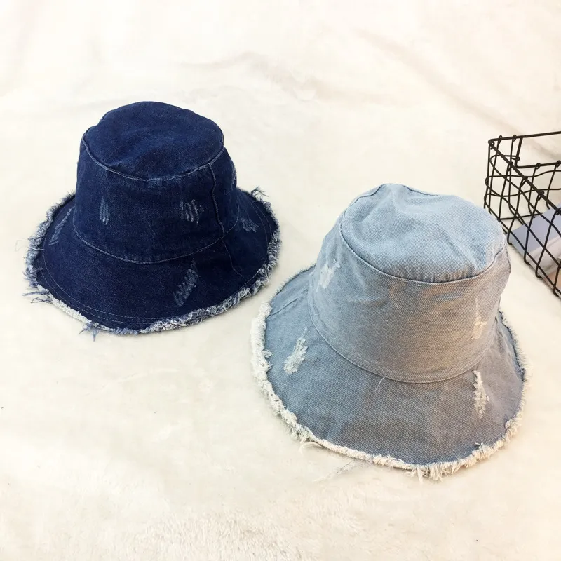 Nieuwe zomer gewassen denim zon hoed vrouwen mode kwast floppy cap dames brede rand strand emmer hoeden katoen opvouwbaar Chapeu