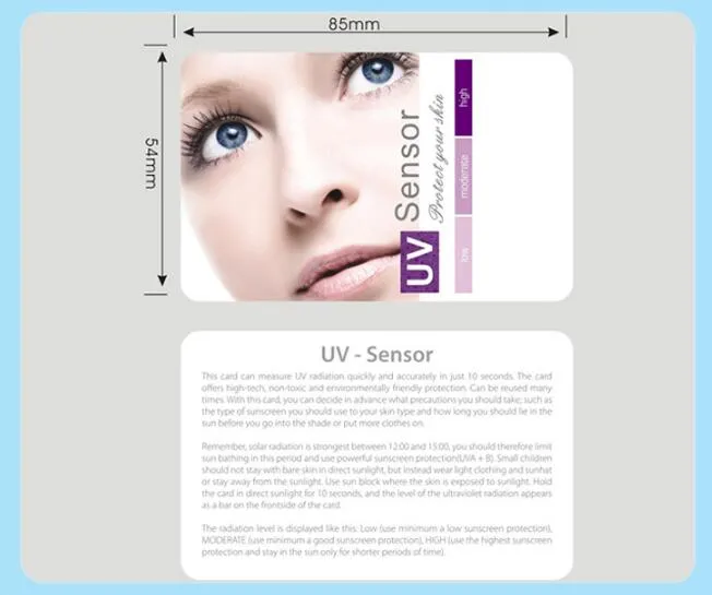 Schede per test UV del sole UV Il tester di livello dei raggi ultravioletti Protezione della pelle Avviso 100 pezzi all'ingrosso