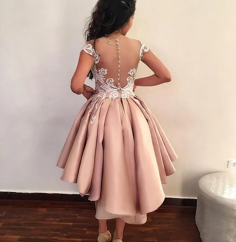 Blush Pink Overskirts Short Cocktail Dresses 2018 New Cap Sleeves White Lace Applique Open Back Prom Gowns For Graduation Homecomi4798095