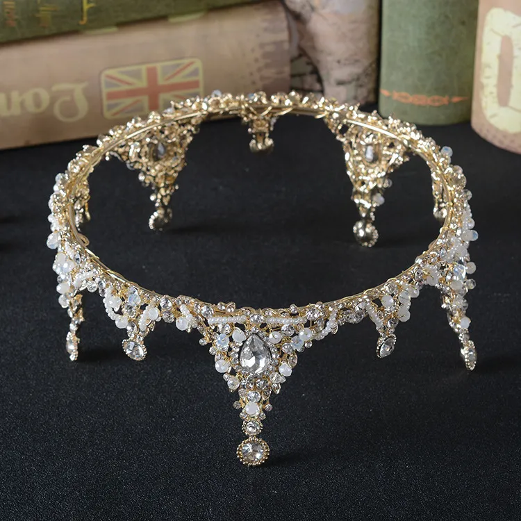 Ondiepe jin bai boor kristallen bruiloft tiara's en kronen bruids tiara's accessoires volledige kleine parels bruids tiaras kronen HG859