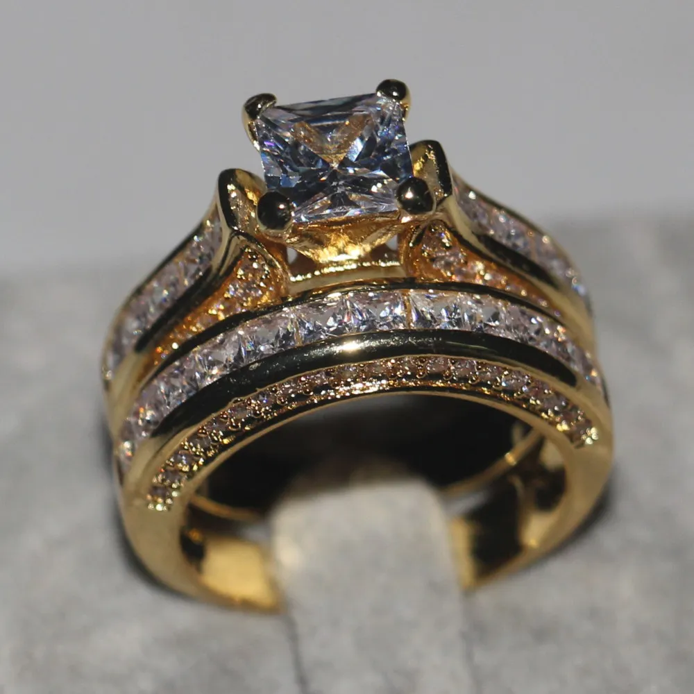 Älskare ring prinsessa cut 2ct 5a zircon cz gul guld 925 sterling silver engagemang bröllop band ring uppsättning för kvinnor män