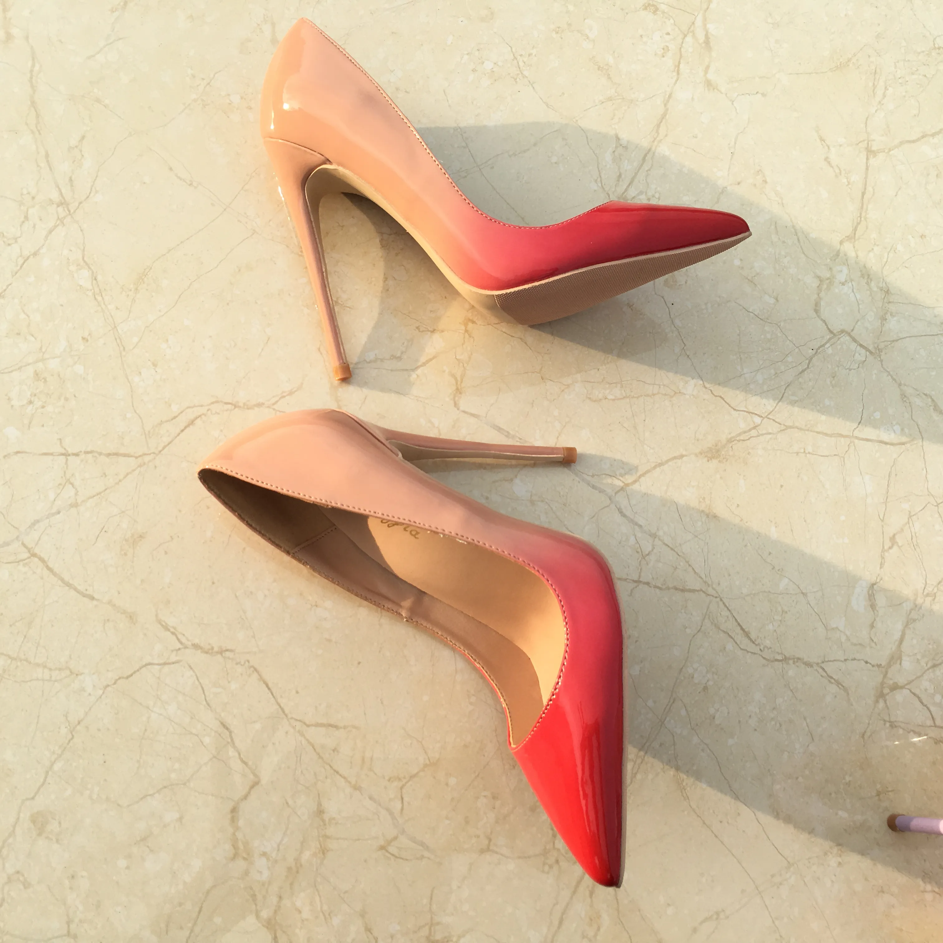 Women s Red and Nude Pointed Toe Stiletto Pumps Leather High Heels Wedding Party Shoes