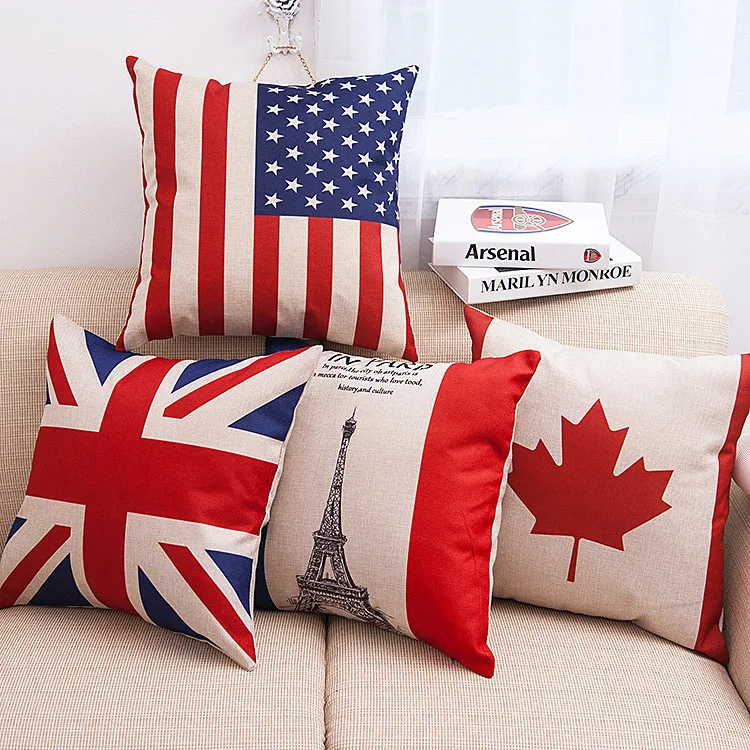 45x45cm New English Usa Pillow Case Cushion Case French Country Flag Paris Pillowcases Sofa 18X18 Cotton Linen Lumbar Support Almofada