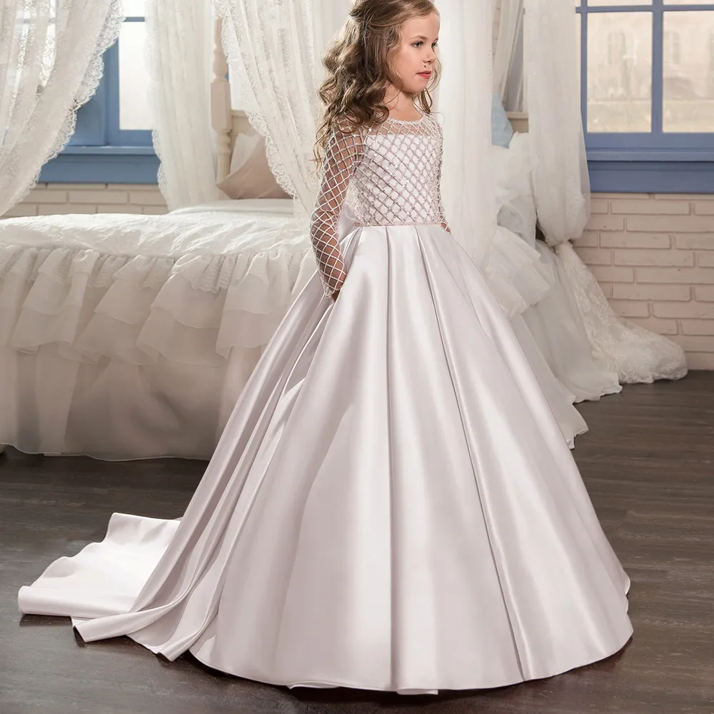 New White Satin Princess White Ball Gown Flower Girl Dresses First Communion Birthday Party Dresses Girls Pageant Dress For Weddin241P
