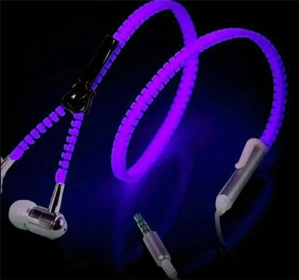 Luminous Glow Light Metal Zipper Earphone Glow In The Dark Zipper Earphone Wired Headphone Headset with retail box for iPhone Sams9421188