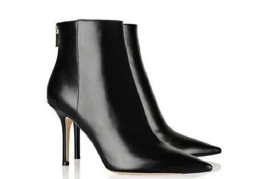 2018 novas mulheres de verão botas de couro ponto dedo do pé zip voltar bota tornozelo botas de couro preto fino vestido de salto sapatos