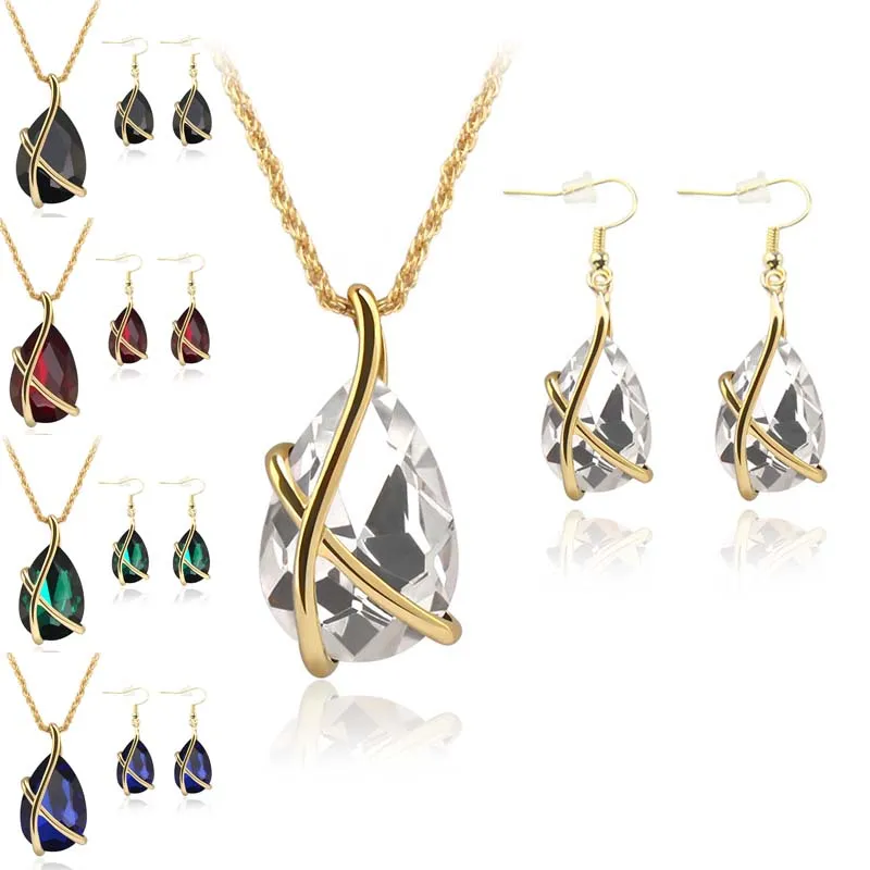 Diamant Kristall Wasser Tropfen Halskette Ohrringe Schmuck Set Gold Ohr Manschette baumeln Anhänger Ketten Hochzeit Schmuck Geschenk für Frauen mode