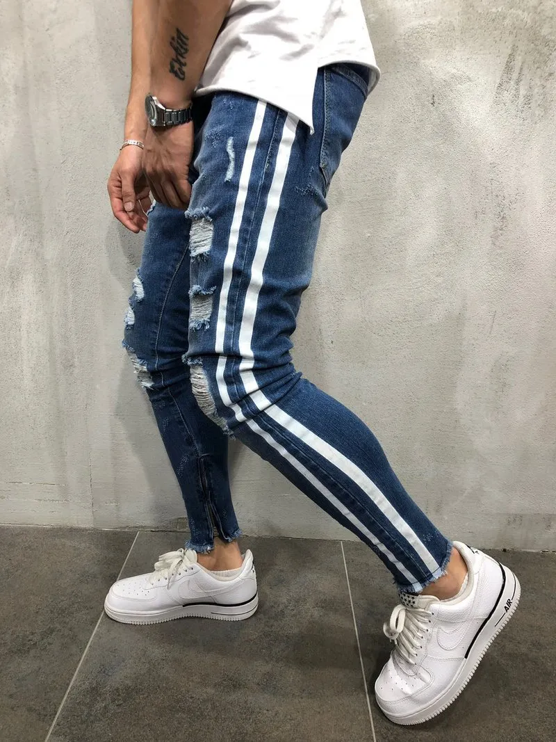 Blue Denim Slim Fit Striped Skinny Jeans For Men With Ripped Side And Zipper Mens Skinny Pencil Pants For Casual Wear With From Cinda01 20.75 DHgate.Com