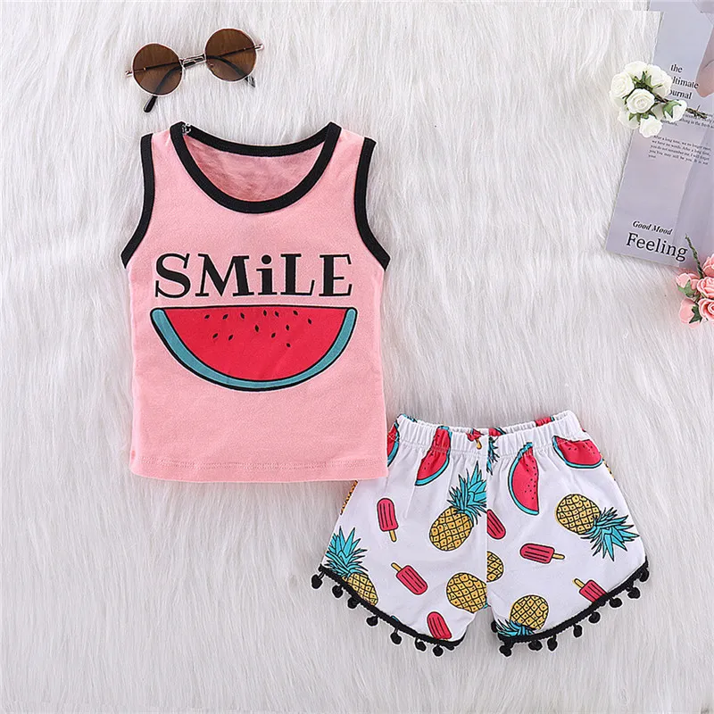 Kinder Kleidung 2018 Sommer Baby Mädchen Kleidung Set Wassermelone Gedruckt Ärmelloses T-shirt Tank Tops + Quaste Shorts Kinder mädchen Outfits